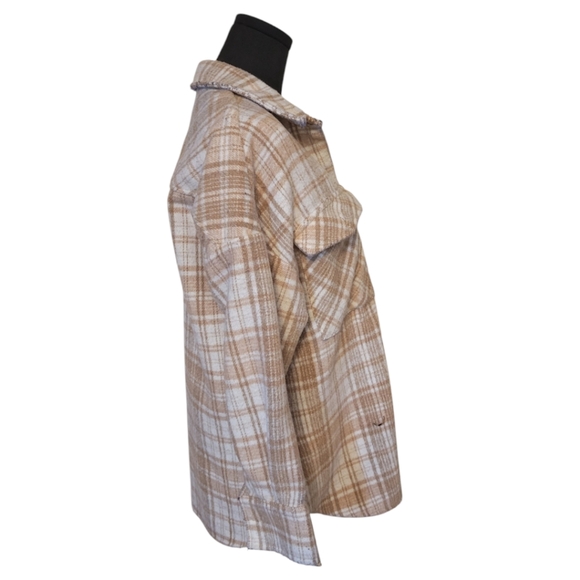 Aura Tan & Cream Plaid Oversized Shacket Size XS - Picture 2 of 4